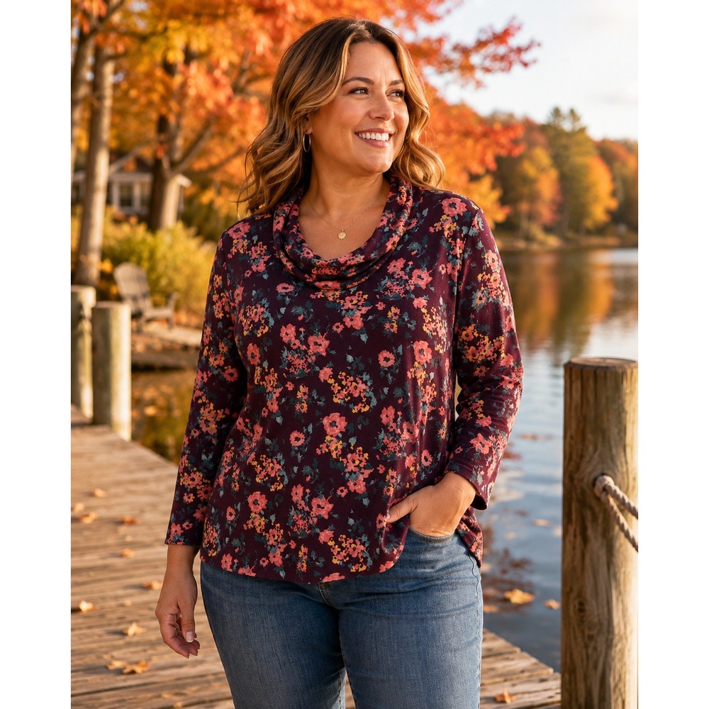 L.L.Bean Supima Cotton Floral Cowl Neck Top 1X Plus Burgundy Long Sleeve